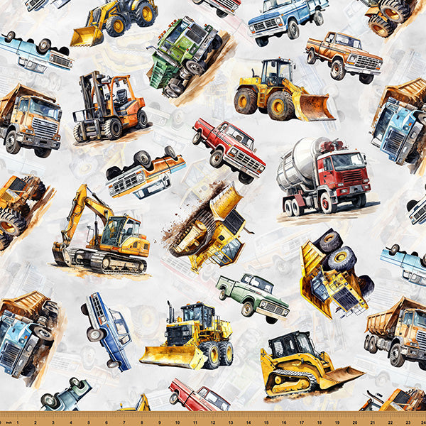 Cotton Fabric Light Gray Trucks Hammer Down 43/44"
