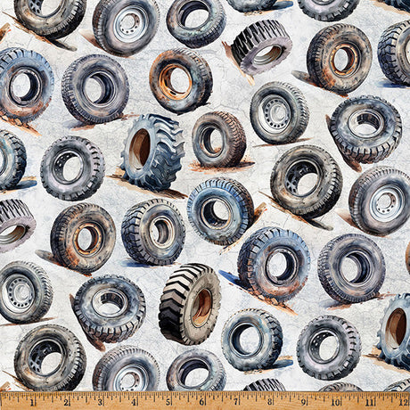 Cotton Print Light Gray Tires Hammer Down Fabric 43/44"