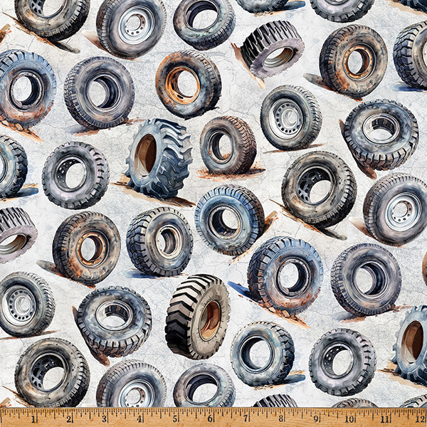 Cotton Print Light Gray Tires Hammer Down Fabric 43/44"