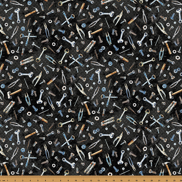 Cotton Fabric Black Tools Hammer Down 43/44"