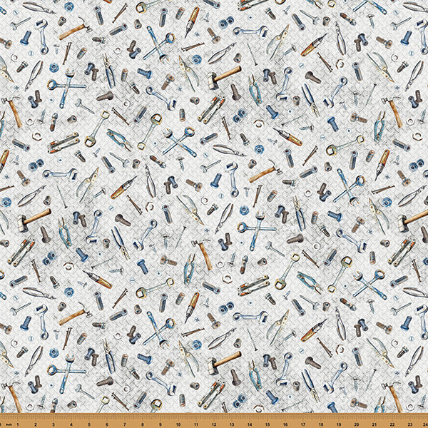 Cotton Print Light Gray Tools Hammer Down Fabric 43/44"