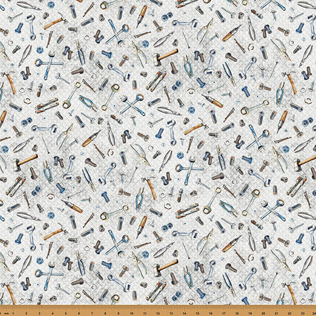 Cotton Print Light Gray Tools Hammer Down Fabric 43/44"