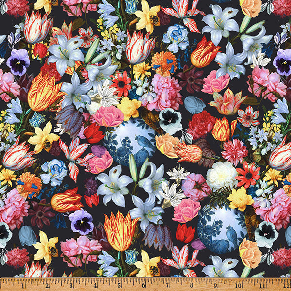 Cotton Floral Print Fabric Onyx Paris Luck 43/44"