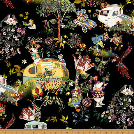 Cotton Print Fabric Black Campers Mousing Around 43/44"
