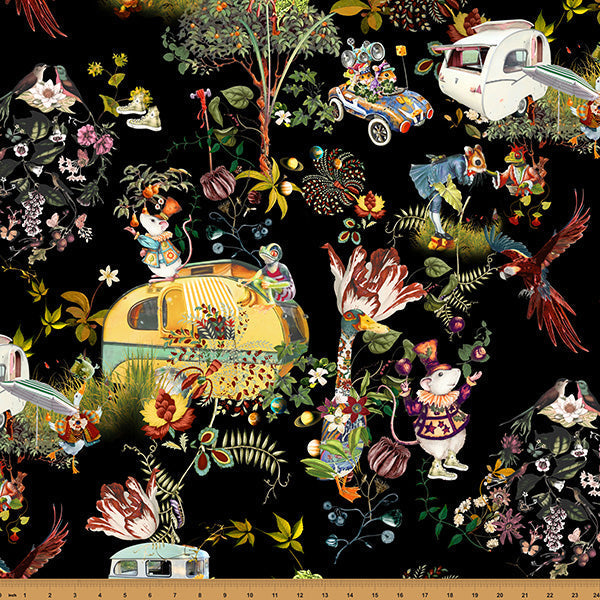 Cotton Print Fabric Black Campers Mousing Around 43/44"