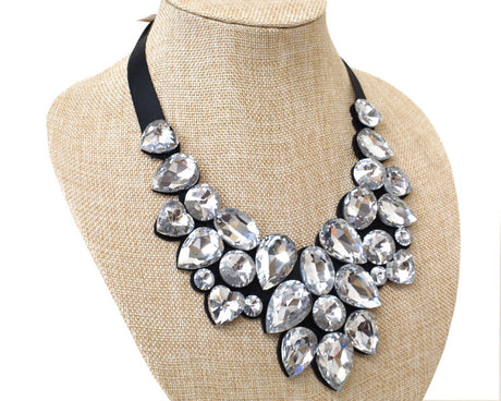 Silver Black Rhinestone Bib Statement Necklace Adjustable Length