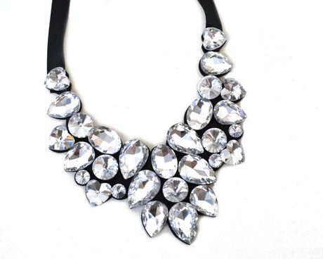 Silver Black Rhinestone Bib Statement Necklace Adjustable Length