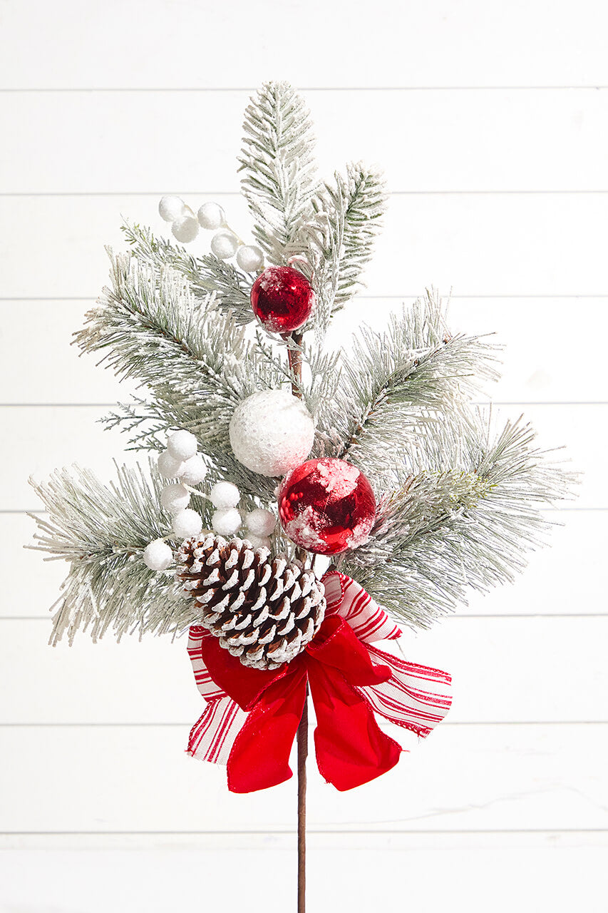 30" Christmas Ball Berry Cedar Spray- Red & White