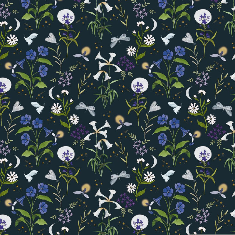 Cotton Wideback Fabric Midnight Fireflies Charcoal