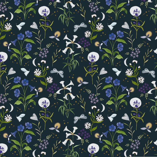 Cotton Wideback Fabric Midnight Fireflies Charcoal