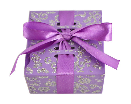 Purple Glitter Candy Favor Box with Satin Ribbon - Pack of 50