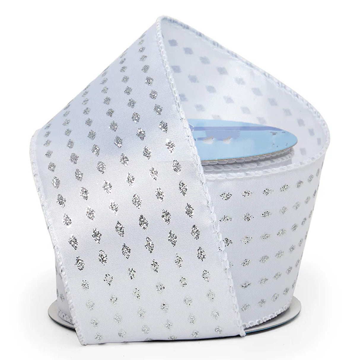 Mini Glitter Diamonds On Satin Wired Ribbon 2 1/2 '' X 10 yd Silver / White Color 1 / roll