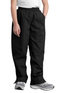 Black youth wind pants for outdoor sports; Navy youth water-resistant athletic pants; Graphite youth lightweight wind pants for training.