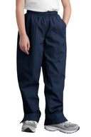 Black youth wind pants for outdoor sports; Navy youth water-resistant athletic pants; Graphite youth lightweight wind pants for training.