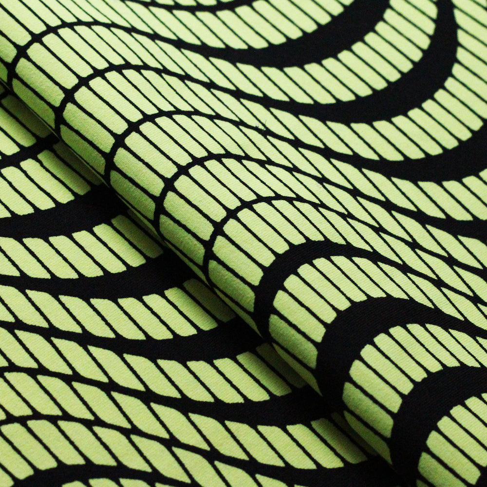 Tremor Nylon Spandex Fabric - Black With Pink, Turquoise, or Yellow Abstract Wavy Print, 58-60" Width (1 Yard)