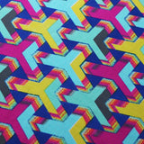 Puzzled Nylon Spandex Fabric - Blue, Pink, Yellow Geometric Pattern, 58-60" Width (1 Yard)