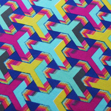Puzzled Nylon Spandex Fabric - Blue, Pink, Yellow Geometric Pattern, 58-60" Width (1 Yard)