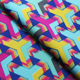 Puzzled Nylon Spandex Fabric - Blue, Pink, Yellow Geometric Pattern, 58-60" Width (1 Yard)