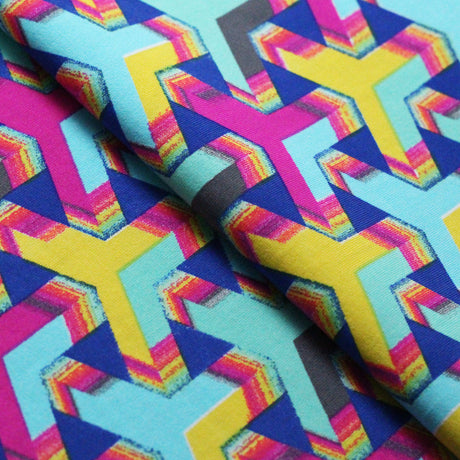 Puzzled Nylon Spandex Fabric - Blue, Pink, Yellow Geometric Pattern, 58-60" Width (1 Yard)