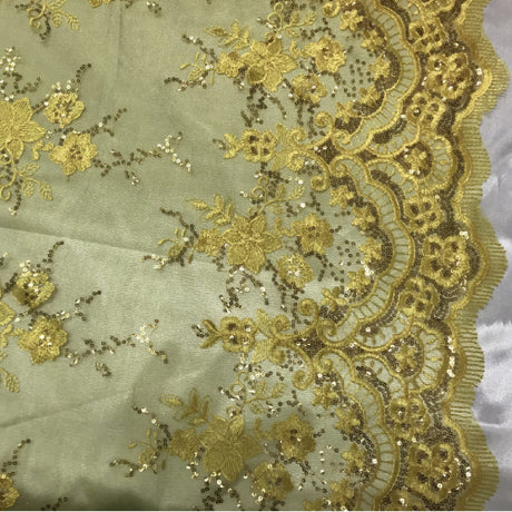 Yellow Sequin Lace Fabric With Embroideries On Mesh - Yellow Embroidered Lace, Mesh Fabric, 54" Width