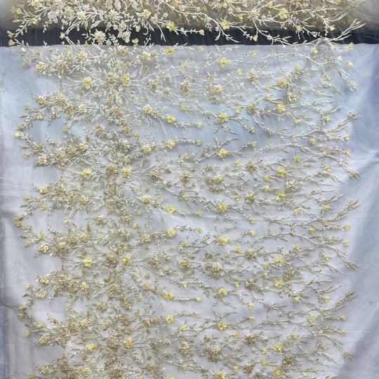 1 Yard Beaded 3D Floral Lace Fabric Rhinestone Embroidered 100 Percent Polyester Net Mesh 51 inch Width