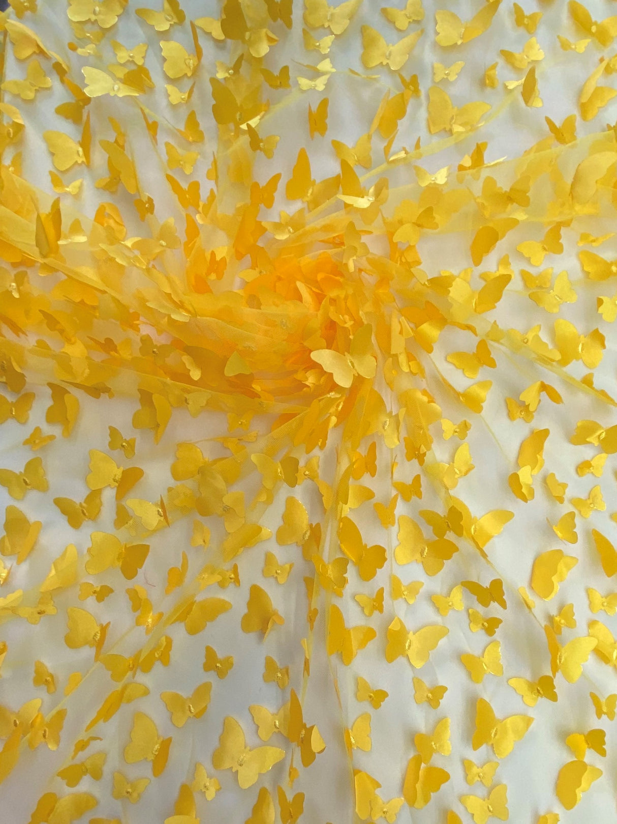 3D Butterflies Yellow Polyester Fabric - Light Weight Satin Butterflies, 54" Width (1 Yard)
