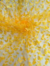 3D Butterflies Yellow Polyester Fabric - Light Weight Satin Butterflies, 54" Width (1 Yard)