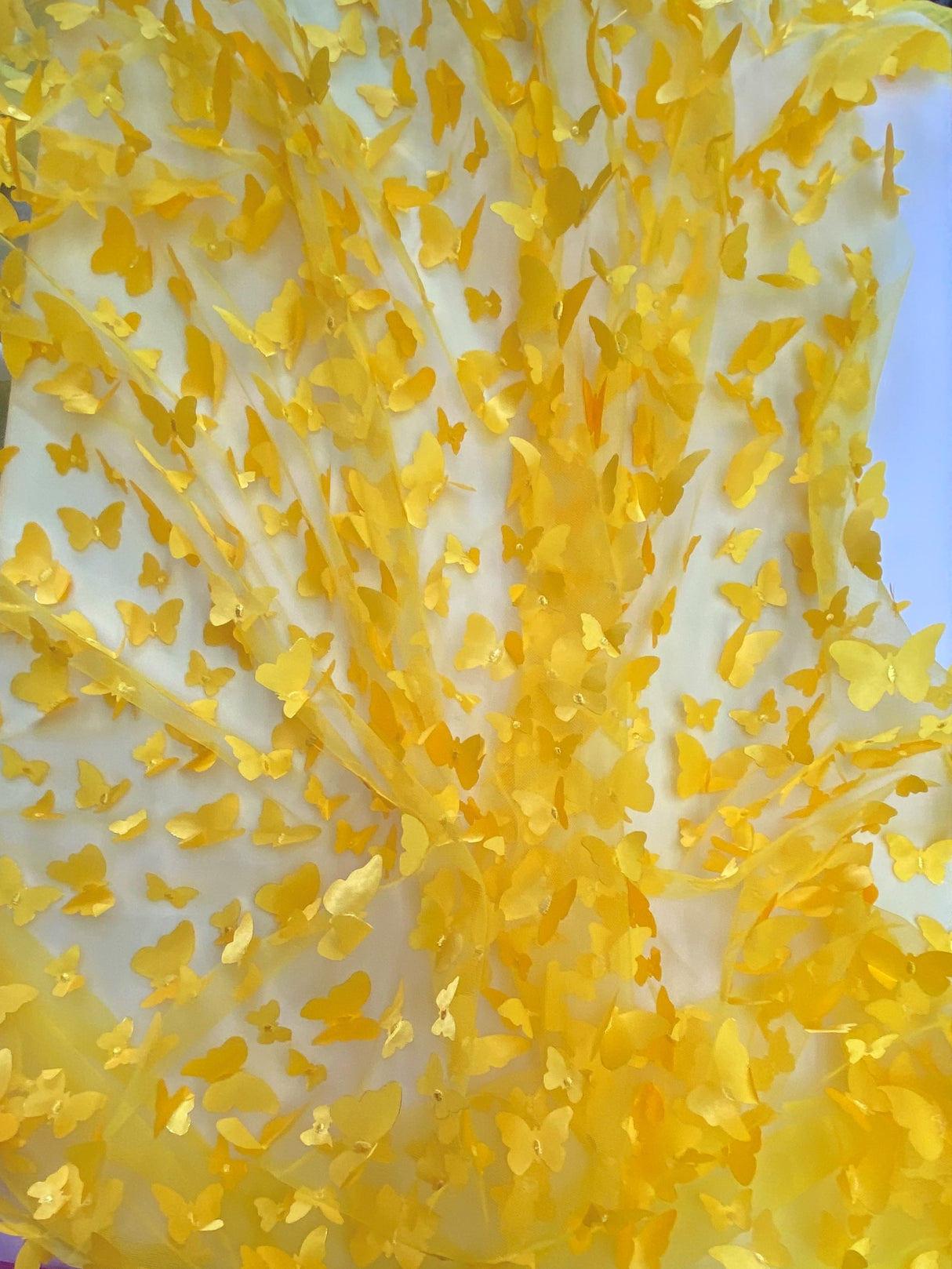 3D Butterflies Yellow Polyester Fabric - Light Weight Satin Butterflies, 54" Width (1 Yard)