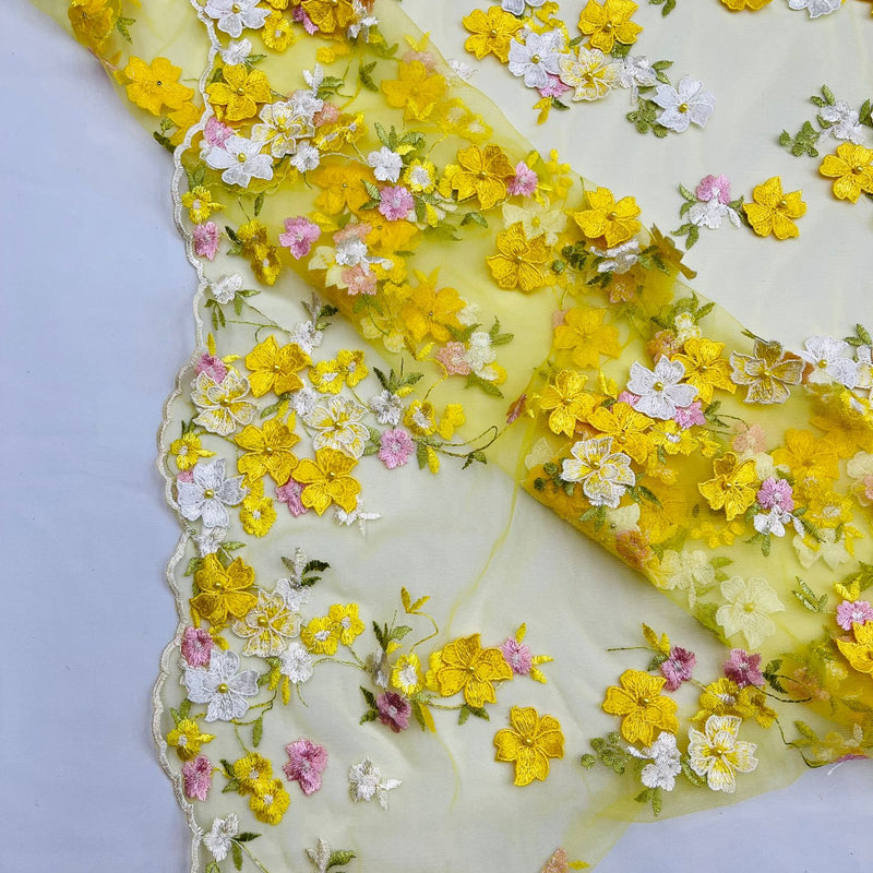 Multi Color 3D Floral Daisy Design Embroider Lace Fabric - Multi Color Floral Embroidery, 54" Width (1 Yard)