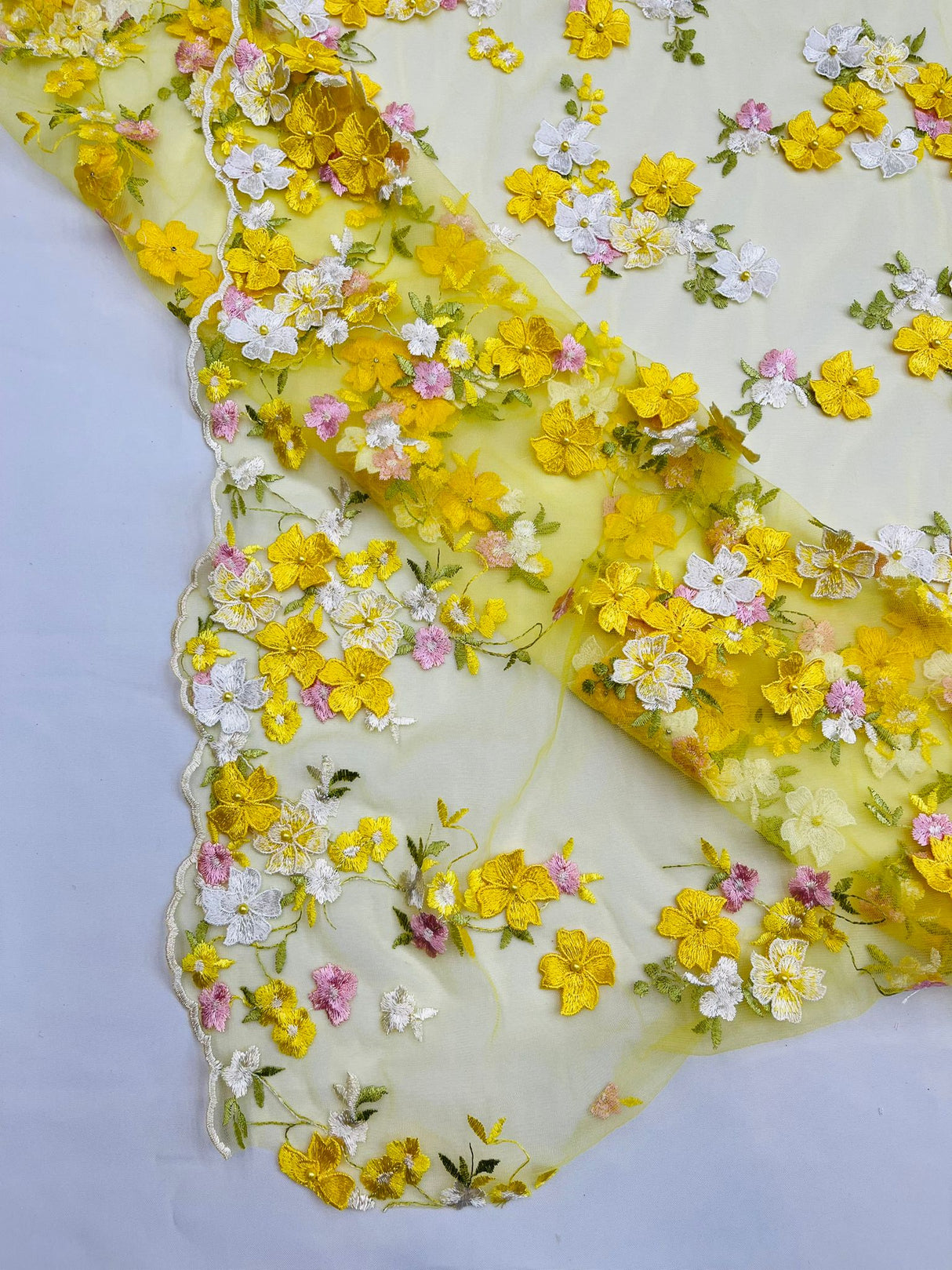 Multi Color 3D Floral Daisy Design Embroider Lace Fabric - Multi Color Floral Embroidery, 54" Width (1 Yard)