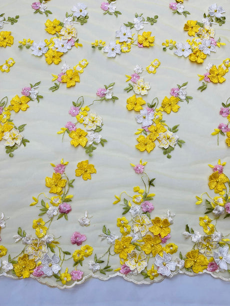Multi Color 3D Floral Daisy Design Embroider Lace Fabric - Multi Color Floral Embroidery, 54" Width (1 Yard)