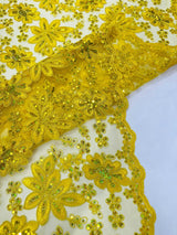 Metallic Floral Lace Design Embroidered Polyester Fabric - Floral Lace, 54" Width (1 Yard)
