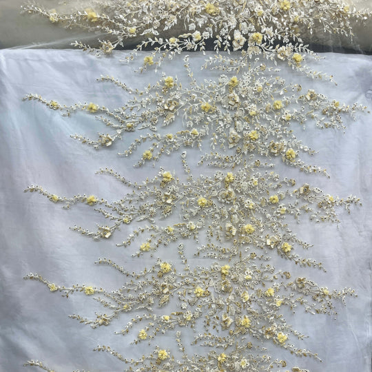 1 Yard Beaded 3D Floral Lace Fabric Embroidered 100 Percent Polyester Net Mesh 51 inch Width