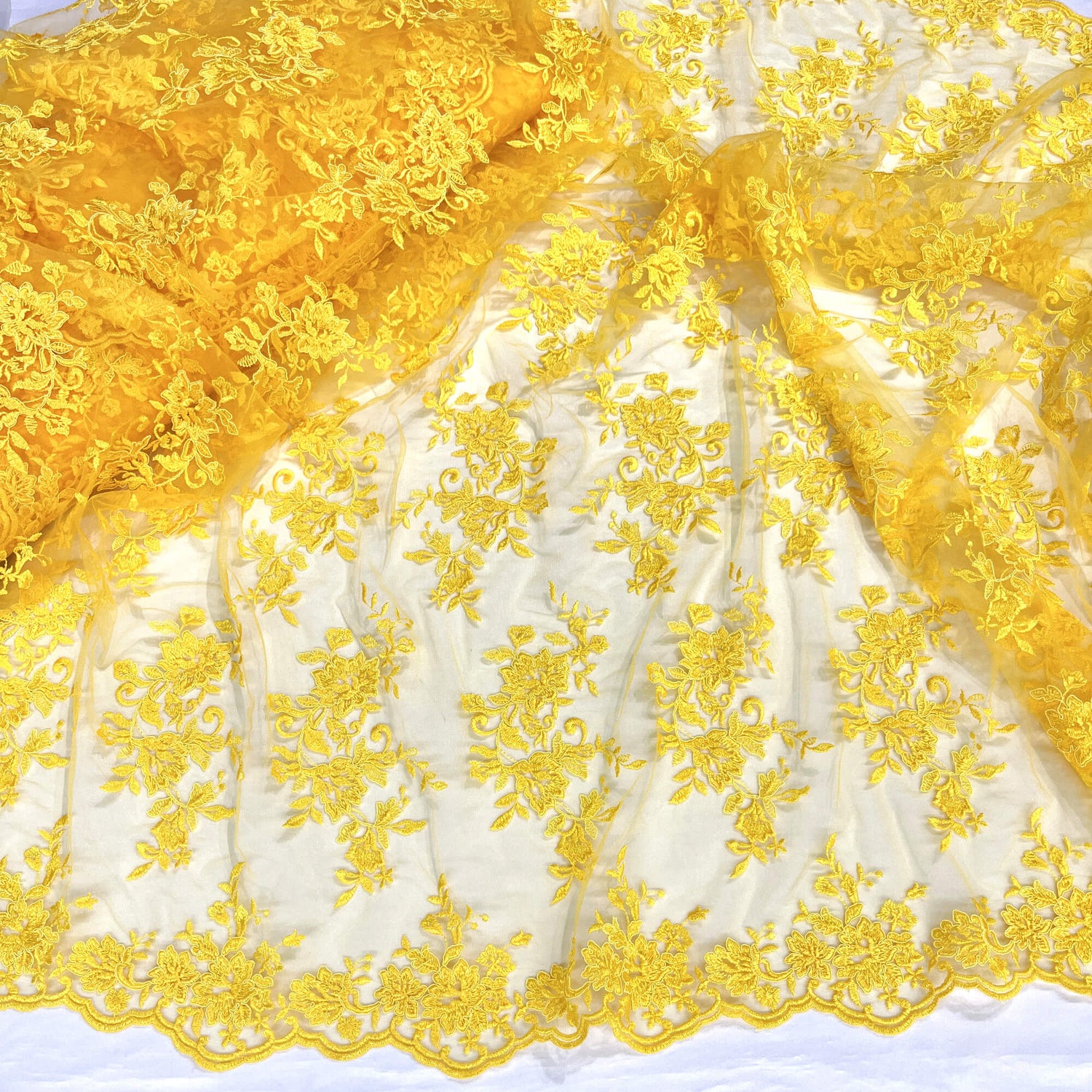 Corded Floral Lace Fabric - Scalloped Edges, 53" Width (1 Yard)