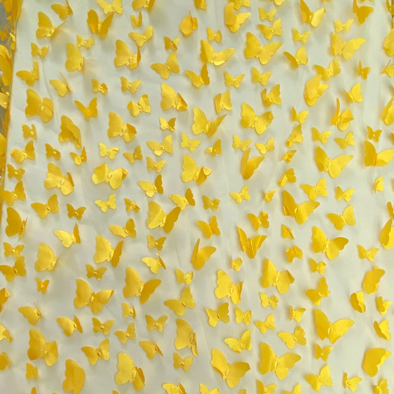1 Yard Yellow 3D Butterfly Satin Mesh Fabric for Costumes, Dresses, and Event Decor 54 Inch Wide
