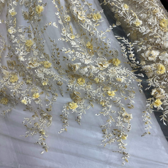 1 Yard Beaded 3D Floral Lace Fabric Embroidered 100 Percent Polyester Net Mesh 51 inch Width