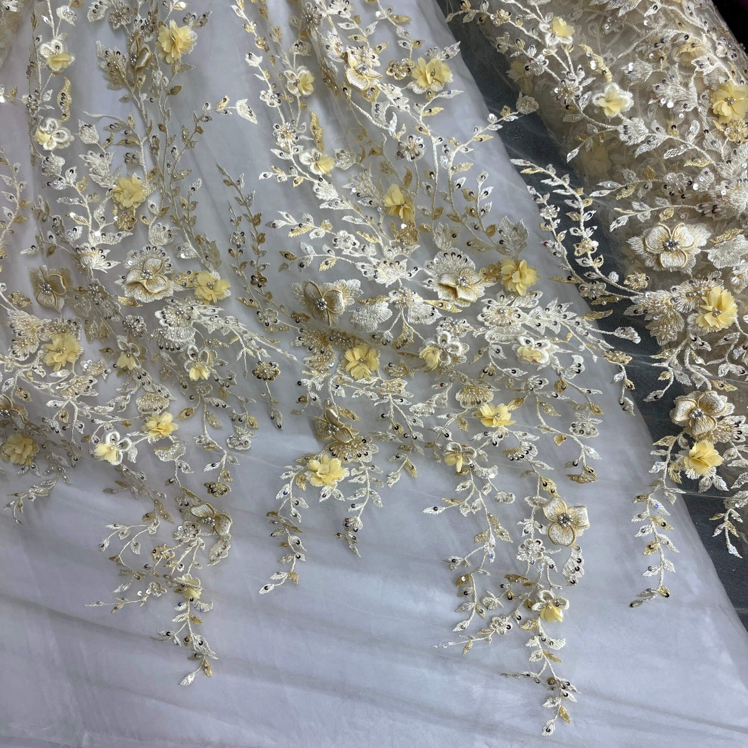 Beaded 3D Floral Lace Fabric Off White