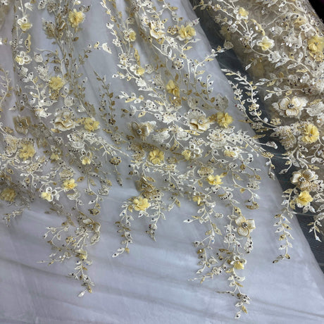 Beaded 3D Floral Lace Fabric Off White
