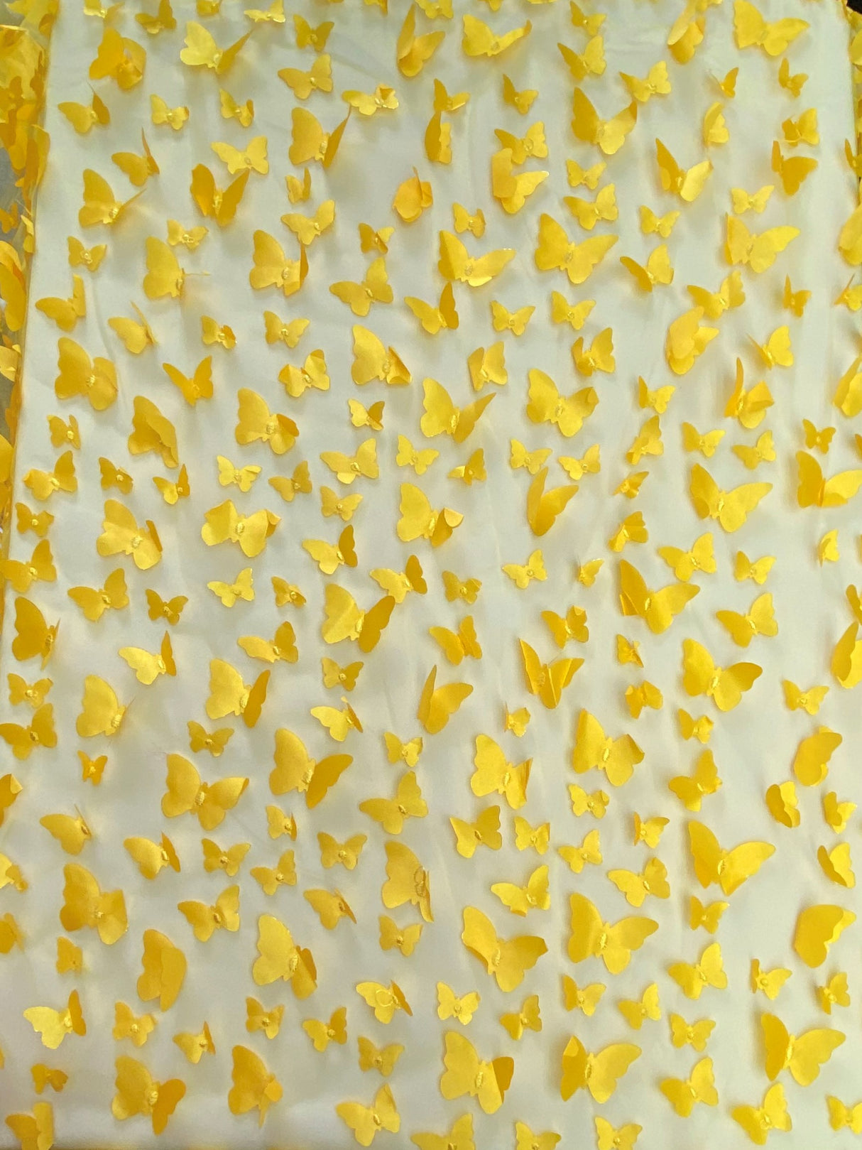 3D Butterflies Yellow Polyester Fabric - Light Weight Satin Butterflies, 54" Width (1 Yard)