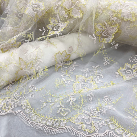 1 Yard Orange Beige Embroidered Lace Fabric on Polyester Net Mesh Elegant 51 Inch Width