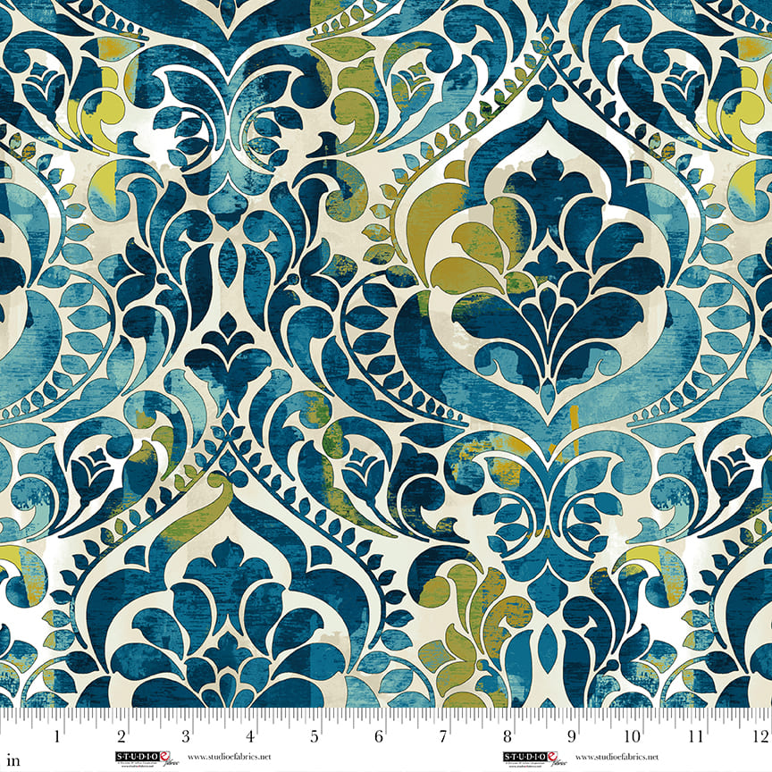 Cotton Damask Fabric Teal Blue 118" Wideback