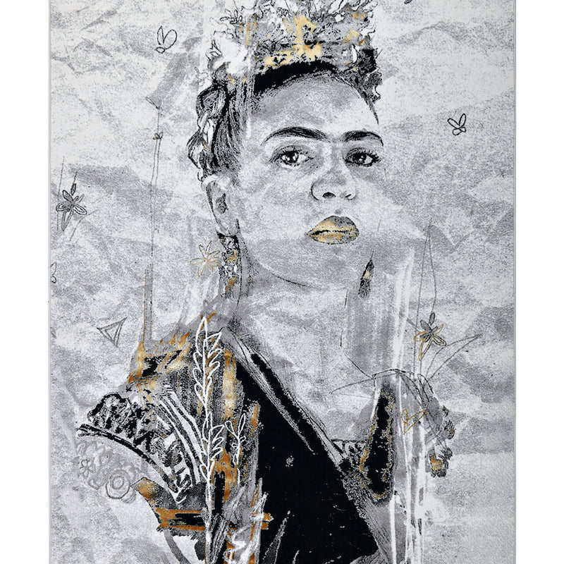Crowned Frida Kahlo Polyester Fabric - Light Grey, Black With A Touch Of Gold, 6' 5" X 9' (1 Piece)