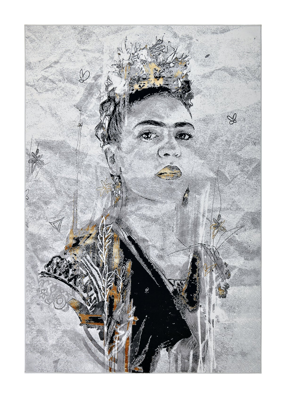Crowned Frida Kahlo Polyester Fabric - Light Grey, Black With A Touch Of Gold, 6' 5" X 9' (1 Piece)