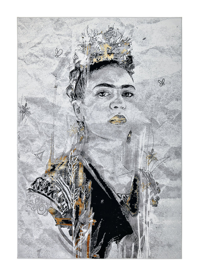 Crowned Frida Kahlo Polyester Fabric - Light Grey, Black With A Touch Of Gold, 6' 5" X 9' (1 Piece)