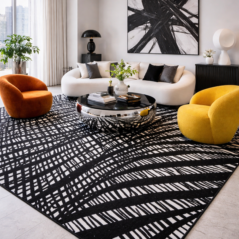 Modern Lustre Grid Polyester Fabric - Black And Silver Tones, Grid Pattern, 5' 3" X 7' 6", 7' 9" X 10' 5", 10' X 13' (1 Unit)
