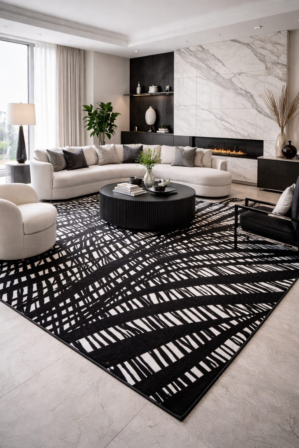 Modern Lustre Grid Polyester Fabric - Black And Silver Tones, Grid Pattern, 5' 3" X 7' 6", 7' 9" X 10' 5", 10' X 13' (1 Unit)