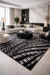 Modern Lustre Grid Polyester Fabric - Black And Silver Tones, Grid Pattern, 5' 3" X 7' 6", 7' 9" X 10' 5", 10' X 13' (1 Unit)