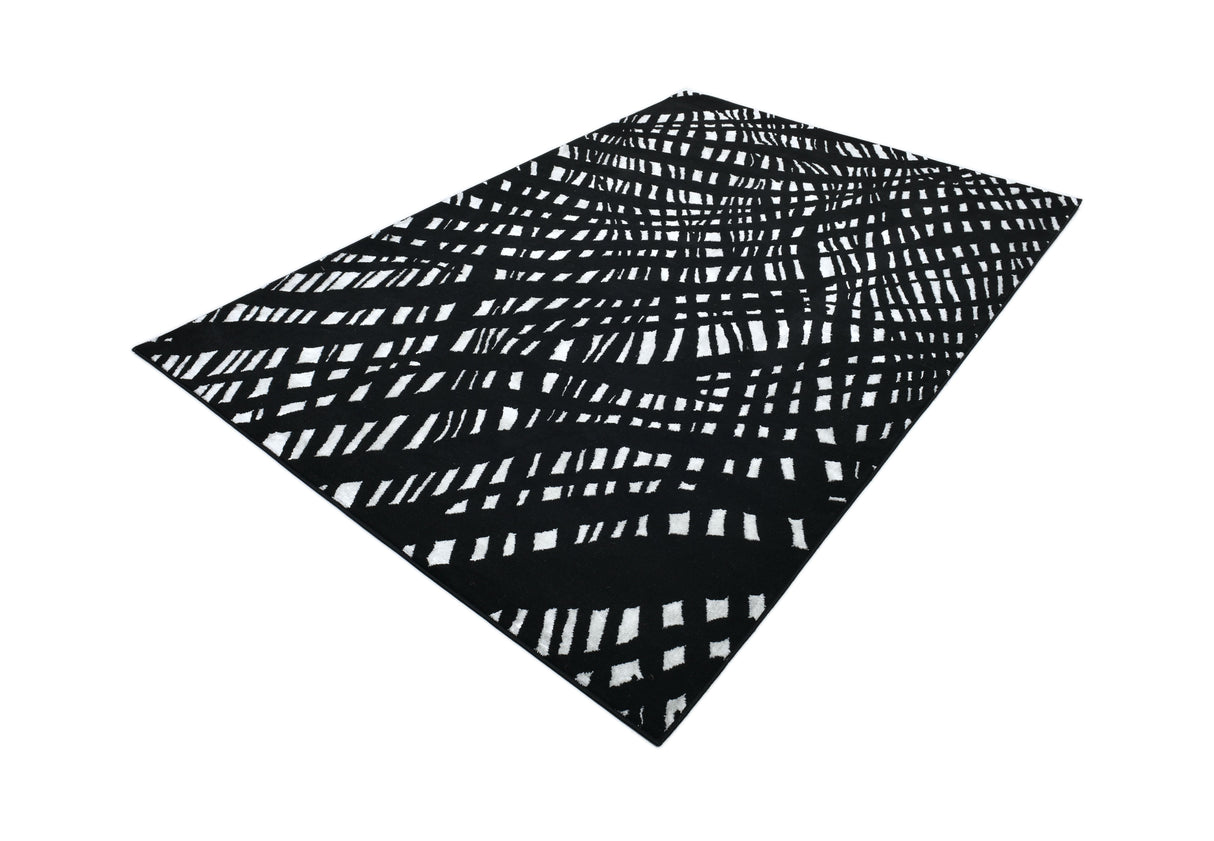 Modern Lustre Grid Polyester Fabric - Black And Silver Tones, Grid Pattern, 5' 3" X 7' 6", 7' 9" X 10' 5", 10' X 13' (1 Unit)