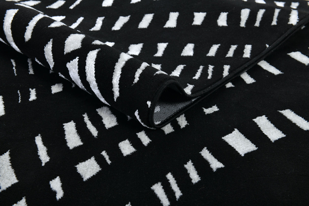 Modern Lustre Grid Polyester Fabric - Black And Silver Tones, Grid Pattern, 5' 3" X 7' 6", 7' 9" X 10' 5", 10' X 13' (1 Unit)