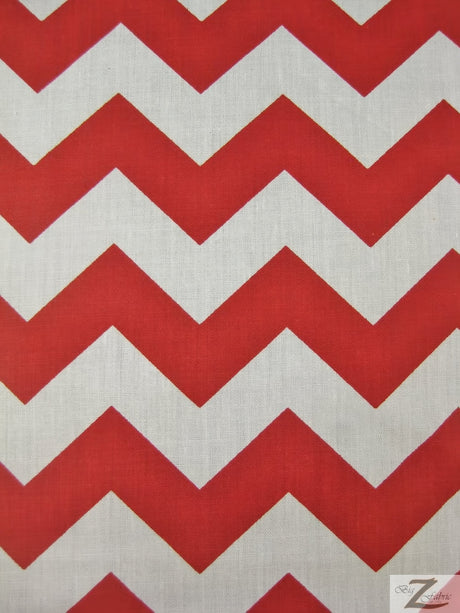 Poly Cotton Fabric 1" Zig Zag Chevron White/Red Sold By The Yard